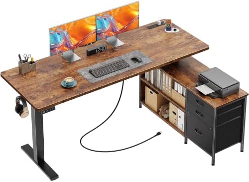 PRAISUN 55.1'' L Standing Desk with Outlets, Cabinet with Shelves, Drawers by PRAISUN