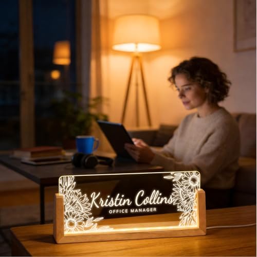 Personalized Light Up Acrylic Desk Name Plate - Custom Name Plate for Desk with Walnut Wood Base - Appreciation Office Gifts for Employees, Teacher, Social Worker (Sunflower) - Image 4