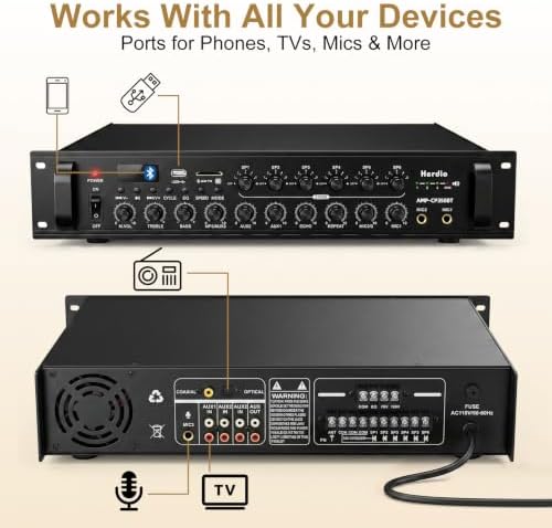 Herdio 350W 6-Zone 70V Commercial Bluetooth Amplifier, USB/SD/RCA/Mic/FM/Optical Inputs for Restaurants/Offices| Compatible with 4-16Ω Speakers - Image 3