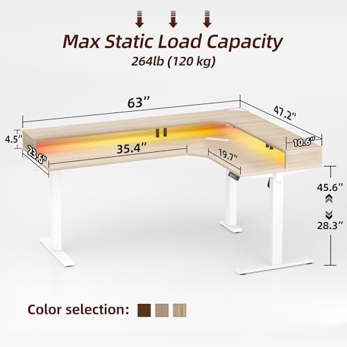 TIQLAB 63'' L-Shaped Standing Desk with LED Light Strip and Power Outlet, Height Adjustable Corner Table with Ergonomic Monitor Stand, Light Walnut - Image 3