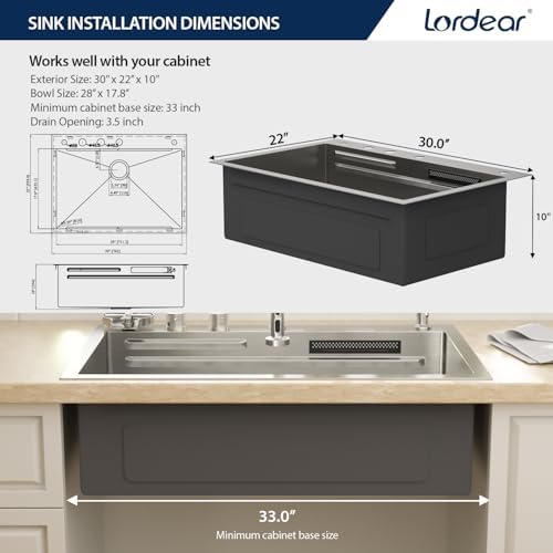 Lordear 30 Drop In Kitchen Sink with Faucet 30x22 Inch Waterfall Kitchen Sinks Topmount Stainless Steel 16 Gauge Single Bowl Workstation Kitchen Sink with Two Multifunctional Switch Knob - Image 3