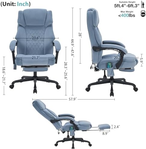 Massage Office Chair with Foot Rest 6 Points Vibration and Heat Home Office Desk Chairs for Heavy People 400lbs Reclining Managerial Chairs Ergonomic Executive Chair (Dustyblue) - Image 2