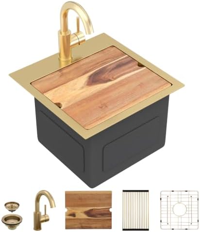 15"x15" Gold Bar Prep Sink Drop In Workstation with Faucet Combo by FULORNI
