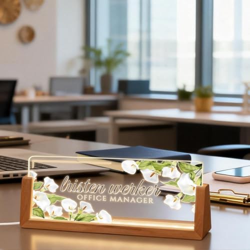 Personalized Light Up Acrylic Desk Name Plate - Custom Name Plate for Desk with Walnut Wood Base - Appreciation Office Gifts for Employees, Teacher, Social Worker (White) - Image 6