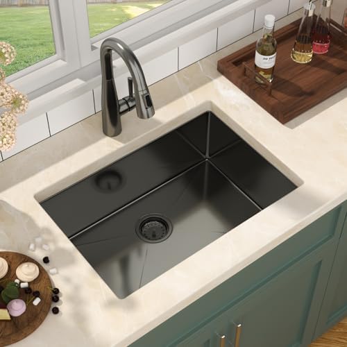 Mocoloo 26 Inch Gunmetal Black Undermount Kitchen Sink - 26" x 18" T304 Stainless Steel Handmade Single Bowl Round Corner Under Counter 9" Deep Basin - Image 3