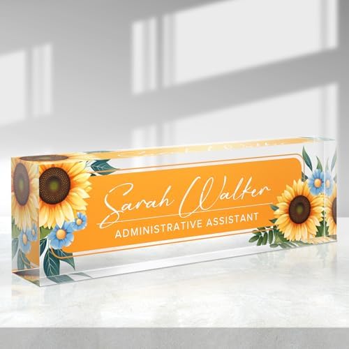 Custom Name Plate for Desk - Desk Name Plate Personalized - Acrylic Office Desk Accessories - Appreciation Gifts for Coworkers Employee Teacher Staff Boss - Office Decor for Women Men (Sunflowers B) by Purdicra