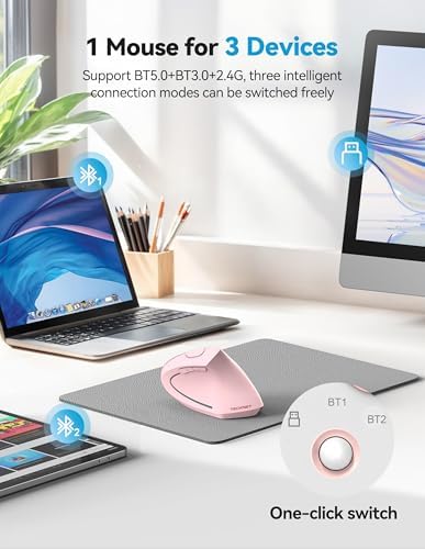 TECKNET Ergonomic Mouse Pink Rechargeable Vertical Wireless Mice Right Hand - Image 2