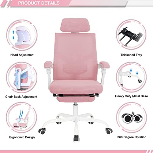 Qulomvs Mesh Ergonomic Office Chair with Footrest Home Office Desk Chair with Headrest and Backrest Adjustable Computer Executive Desk Chair with Wheels 360 Swivel Task Chair - Image 5