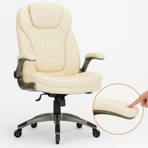 COLAMY Ergonomic High Back Office Chair, Ivory Bonded Leather Executive Desk Chair with Flip-up Arms, Thick Cushion, Silent Nylon Wheels, Adjustable Height & Rocking Function, 300lbs Capacity - Image 6
