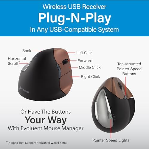 Evoluent – Inventor of The Vertical Mouse – VM4SW Ergonomic Vertical Mouse Right Hand Small Wireless USB, Sculpted for Comfort, Reduces Wrist Strain, 4 Speeds, 6 Customizable Buttons in Windows - Image 6