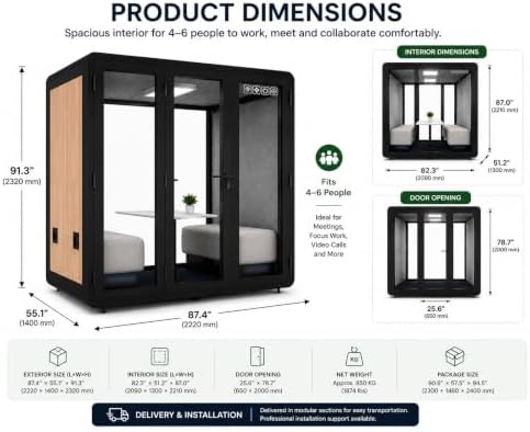 Mobile Office Pod for 4–6 People, Sound-Reducing Meeting Booth with Glass Door, Ventilation, LED Lighting & Power Outlets - Image 4