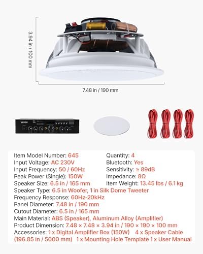 VEVOR Bluetooth Ceiling Speakers, 6.5", in Ceiling & in-Wall Speaker System with Amplifier, 2-Way, for Damp and Humid Placement, Home Theater, Covered Outdoor Patio and Flush Mount Wired, 4 Speakers - Image 7