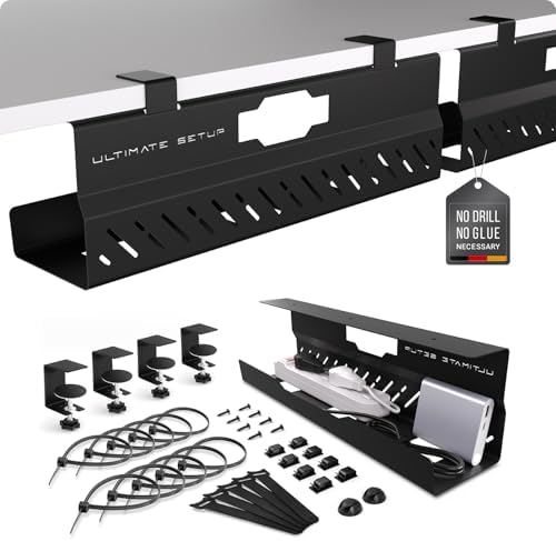 Under Desk Cable Management Tray no Drill – Wire Management - Cord Organizer – Huge Load Capacity – Under Desk Cable Tray no Drill (Black, 2 Pieces Set) by UltimateSetup