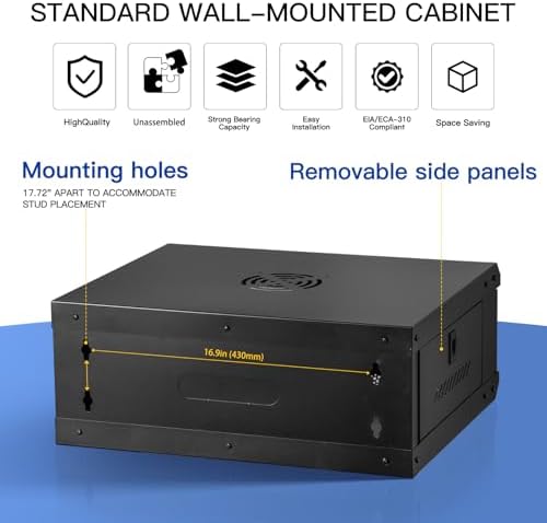 Server Rack Enclosure with Glass Door Black, Locks, & Removable Side Panels - Wall Mount IT Network Cabinet 19 Inch Rack 17.7 Inches Deep, 4U - Image 5