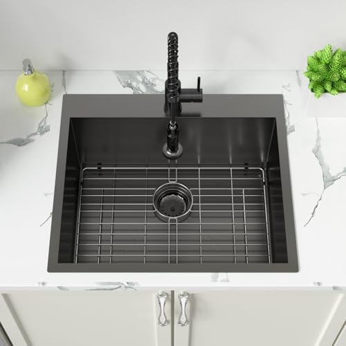 Sarlai Laundry Sink with Faucet Drop In 25"x22"x12" Deep Black Laundry Utility Kitchen Sink Drop-in Topmount Single Bowl Sink 16 Gauge Stainless Steel Gunmetal Black Kitchen Laundry Room Sinks - Image 5