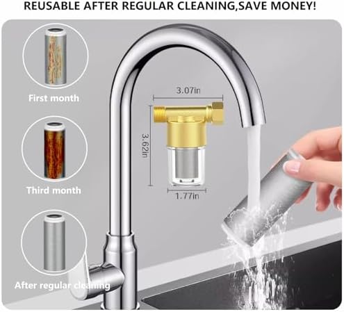 XZ03 Reusable Brass Sediment Filter, 40 Micron Washer Water Filter System, for Washing Machine, Heater, Garden, Protecting Appliances, Reduces Clothes Yellowing, Anti Scale Shower Filter - Image 6