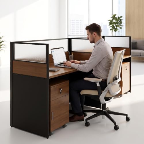 2 Person Cubicle Desk Workstation w/Mute Partitions & Cabinet, Dark Walnut - Image 7