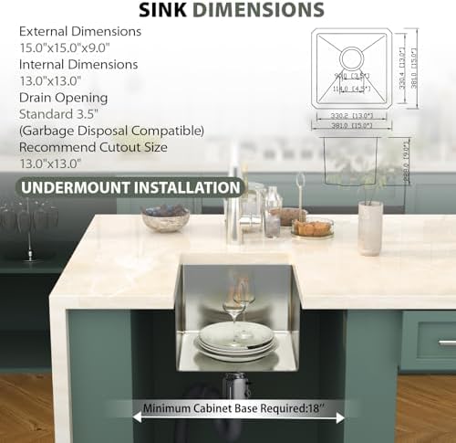 Mocoloo 15 Inch Undermount Bar Sink - 15" x 15" Small Kitchen Sink T304 Stainless Steel Handmade Single Bowl Round Corner Under Counter Wet Bar Sink for Kitchen Prep & RV - Image 7