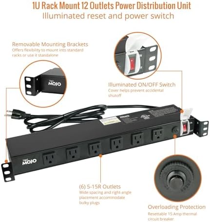 Tecmojo 1U Rackmount Network-Grade PDU, 12 Wide-Spaced Right Angle Outlets, Circuit Breaker 12A (UL Certified 12A) 6ft Cord w/ 5-15P Plug, Black(SKU# 13111201) - Image 4