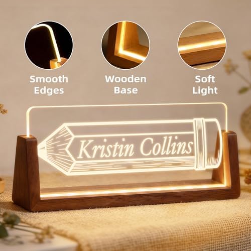 Personalized Light Up Acrylic Desk Name Plate - Custom Name Plate for Desk with Walnut Wood Base - Appreciation Office Gifts for Employees, Teacher, Social Worker (Pencil) - Image 7
