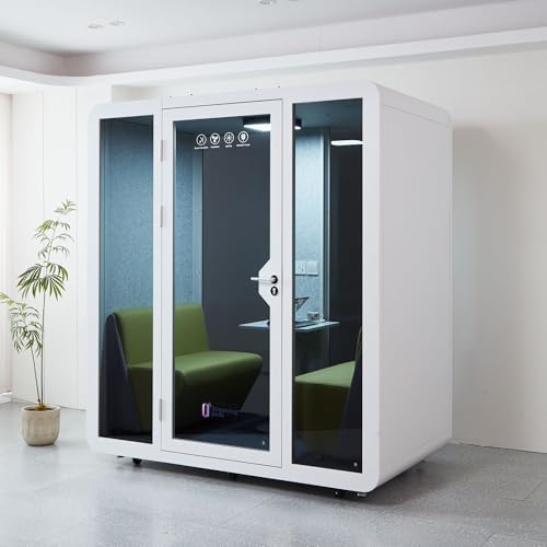 GEARONIC Mobile Office Pod Booth, Sound Proof Office Pod Booth with Mobile Roller, Larger Space for 2-4 People, LED Lighting System,Fans and AC USB Ports（White-Grey） - Image 3