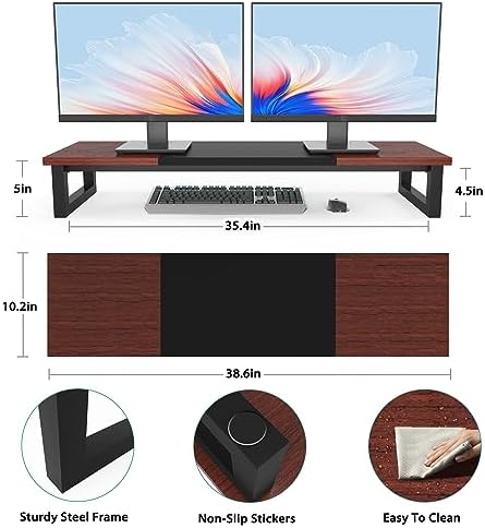 YAOHUOO Dual Monitor Stand Riser, 39Inch Large Monitor Stands for 2 Monitors, Computer Monitor Stand, Wooden Desktop Oraganizer Shelf for Office Desk Computer,Laptop,TV - Image 7