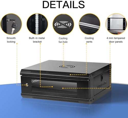 Server Rack Enclosure with Glass Door Black, Locks, & Removable Side Panels - Wall Mount IT Network Cabinet 19 Inch Rack 17.7 Inches Deep, 4U - Image 4