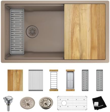 Elkay ELXRU13322W Quartz Luxe 33" Undermount Single Basin Quartz Composite Workstation Kitchen Sink with Basin Rack, Colander and Cutting Board - Sandstone by Unknown