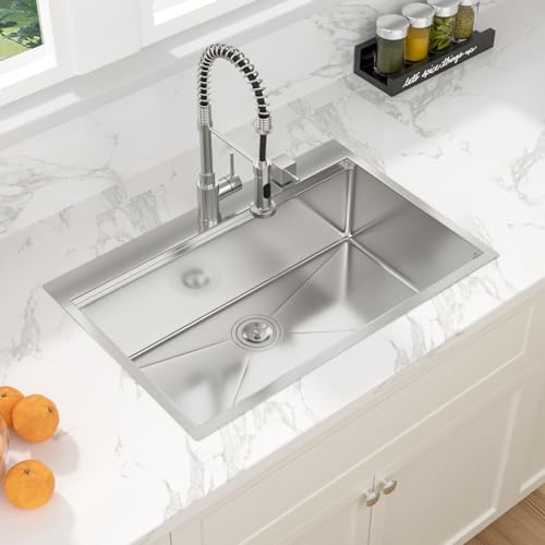 32 Kitchen Sink Drop In - Sarlai 32 x 22 Inch Stainless Steel Sink Topmount Ledge Workstation 16 Gauge Deep Single Bowl Overmount Kitchen Sinks Basin - Image 4
