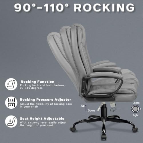 LEMBERI High Back PU Leather Executive Office Chair, Adjustable Swivel Computer Desk Chair with Padded Armrests for Home Office, Grey - Image 6