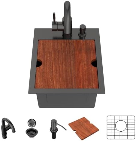 Lordear 13"x15" Bar Sink with Faucet - Drop In Bar Sink Workstation 16 Gauge 304 Stainless Steel Single Bowl Top Mount Wet Bar RV Prep Outdoor Kitchen Sink 13x15x9 Inch by LORDEAR