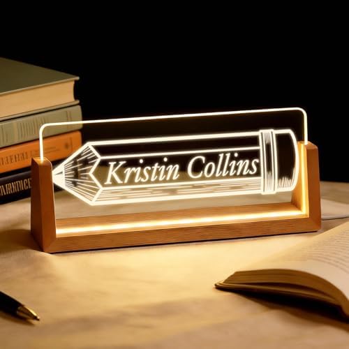 Personalized Light Up Acrylic Desk Name Plate - Custom Name Plate for Desk with Walnut Wood Base - Appreciation Office Gifts for Employees, Teacher, Social Worker (Pencil) by Unknown