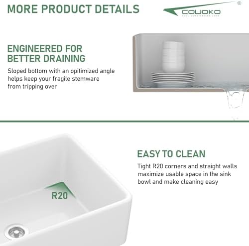 White Farmhouse Sink 30 Inch Fireclay Apron Front Farm Sink 30"x20"x9" Glossy White Porcelain Farms House Style Single Bowl Farmhoues kitchen Sinks with Luxury Accessories - Image 5