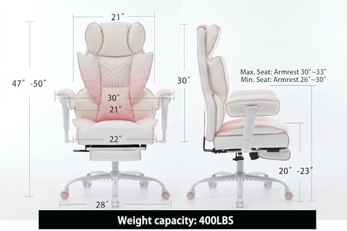Big and Tall Gaming Office Chair 400lbs - Heavy Duty Ergonomic Computer Desk Chair with Footrest, Adjustable Armrests, High Back PU Leather with Racing Style (White/Pink) - Image 2
