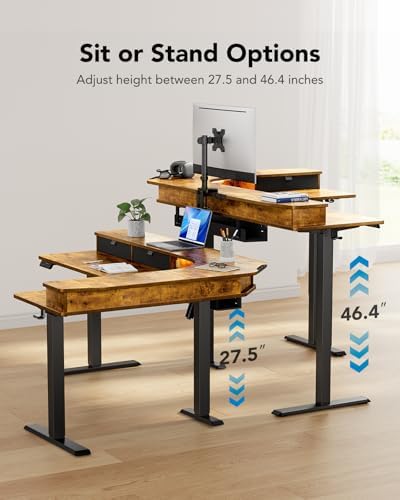 HUANUO 65″ L Shaped Standing Desk with 3 Drawers, Adjustable, Vintage Brown - Image 3