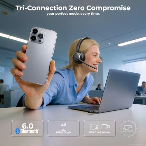 Wireless Headset with Mic for Work, USB A/C Dongle, Bluetooth 6.0 Headset with AI Noise Cancelling Microphone, Wireless Headphones with Mic Mute & 65H, Wireless Headset for PC/Computer/Laptop/Teams - Image 3