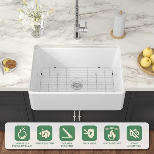 White Farmhouse Sink 30 Inch Fireclay Apron Front Farm Sink 30"x20"x9" Glossy White Porcelain Farms House Style Single Bowl Farmhoues kitchen Sinks with Luxury Accessories - Image 3