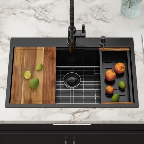 33x22 Black Drop In Kitchen Sink Workstation with Accessories - Image 3