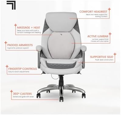 Sharper Image S600 Active Lumbar Ergonomic Bonded Leather Swivel Executive Massage Chair, White/Gray - Image 4