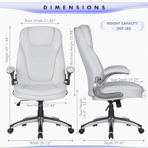 COLAMY Office Chair Ergonomic Desk Chair-Executive Office Chair with Upgraded Caters, High Back Computer Chair Flip-up Arms, Strong Metal Base, Swivel Leather Chair for Work/Study, 300lbs, White - Image 2