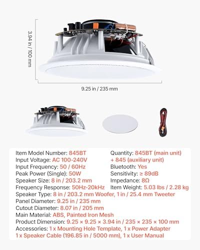 VEVOR Bluetooth Ceiling Speakers, 8", in Ceiling & in-Wall Speaker System with Amplifier, 2-Way Flush Mount Speakers, for Damp Humid Placement, Home Theater, Living Room, or Covered Patio, 1 Pair - Image 7