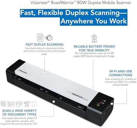 Visioneer RoadWarrior 8DW - Duplex Wireless Scanner for Mac and PC, Battery-Powered, USB and Wi-Fi Connections, scan Paper documents, Cards and Receipts, scan Both Sides of a Document in Four Seconds - Image 5