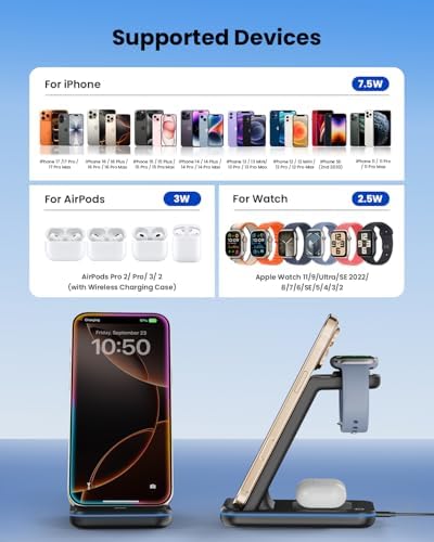 Wireless Charger Stand, CIYOYO 3 in 1 Fast Wireless Charging Station Dock for Apple Watch 11/9/8/7/6/SE/5/4/3/2, Airpods 3/2/Pro, iPhone 17/16/15/14/14 Plus/14 Pro Max/13/13 Pro/12/12 Pro/SE/X/XR/XS/8 - Image 2