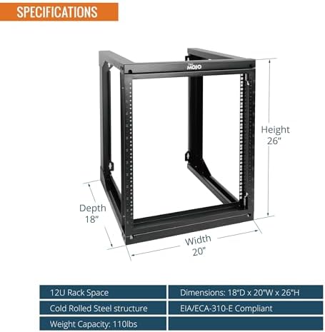 Tecmojo 12U Wall Mount Server Rack, Open Frame Network Rack for 19" Computer/AV/Data/IT/Media Equipment, 18" Depth, 16" Apart Mounting Holes, Swing Gate, Square and Tapped Holes - Image 2