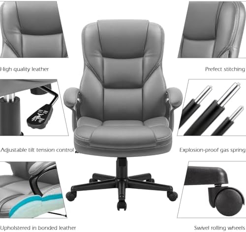 Furmax Office Executive Chair High Back Adjustable Managerial Home Desk Chair, Swivel Computer PU Leather Chair with Lumbar Support (2, Gray) - Image 5
