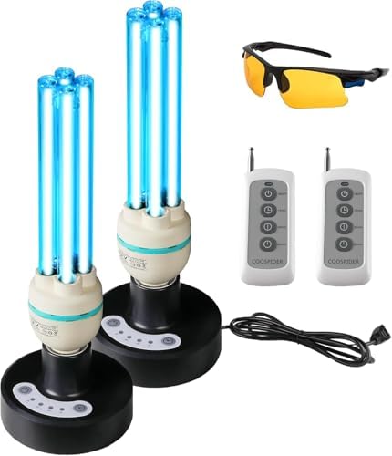 COOSPIDER 36Watts UV Sanitizer Lamp 2pack 72w with Remote Control Powerful Ozone UVC Light with E26 Base for Basement/Bedroom/Kitchen/Office/Storehouse/Car, 3-Gear Timer 110V by Coospider