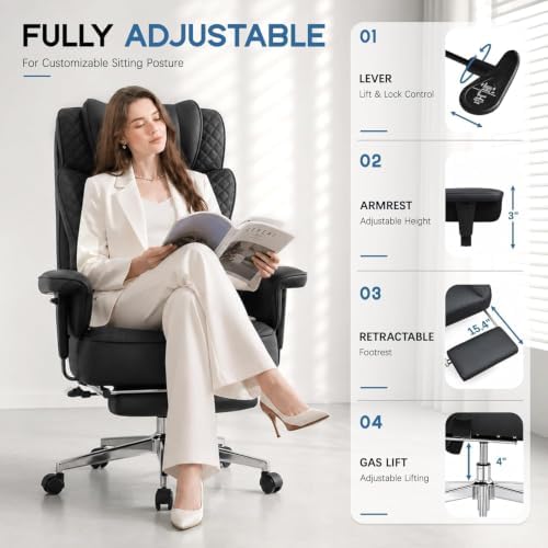 Office Desk Chair, High-Back Big and Tall Leather Chair with Footrest - Image 6