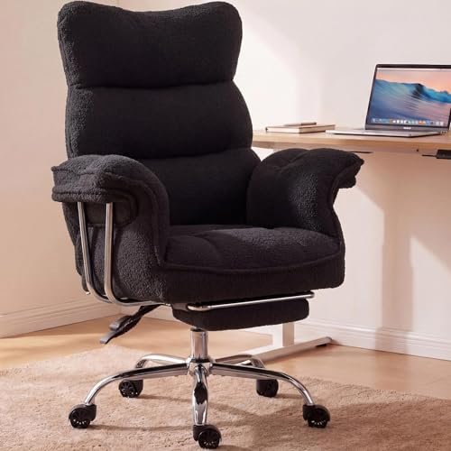 Dowinx Big and Tall Office Chair, Ergonomic Desk Chair with Thick Cushion, Wide Seat & Armrests Computer Gaming Chair,High Back Reclining Teddy Fleece Criss Cross Chair with Foot Rest, Black by Dowinx