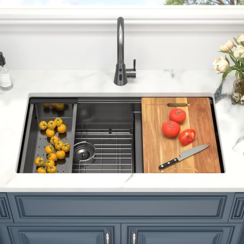 33 Black Undermount Kitchen Sink Double Bowl Workstation 60/40 Low Divide - Image 3