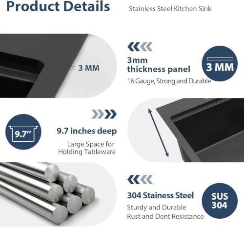 Lordear 33x22 Inch Drop In Black Kitchen Sink Workstation - Image 5